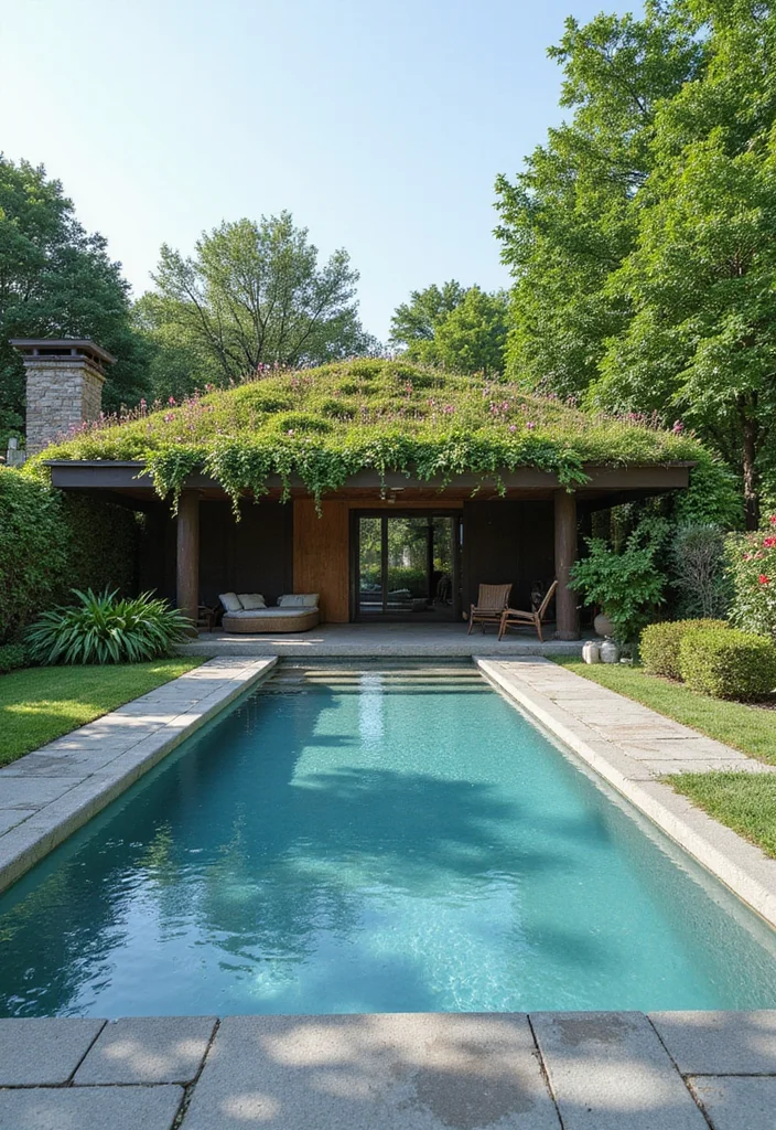 18 Swimming Pool Backyard Ideas for Relaxing Outdoor Living 2. Green Roof Pool House
