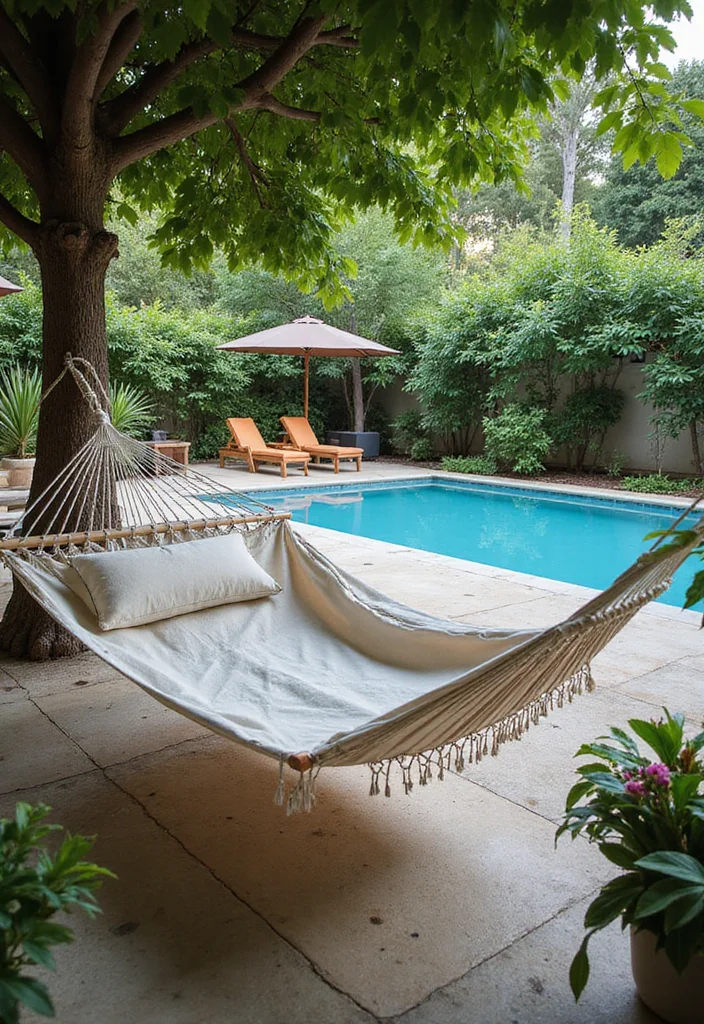 18 Swimming Pool Backyard Ideas for Relaxing Outdoor Living 9. Relaxation Zones with Hammocks