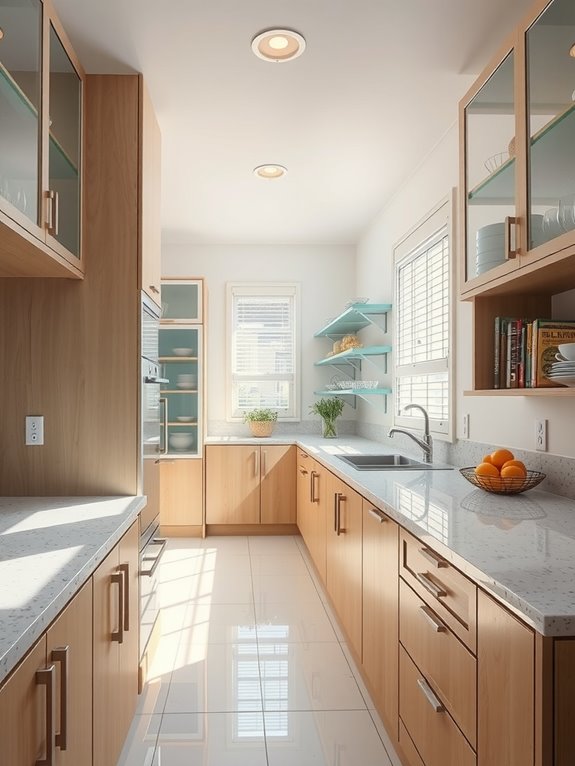 glass doors open shelving brighten galley