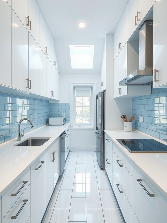 light colors reflectively brighten galley kitchens